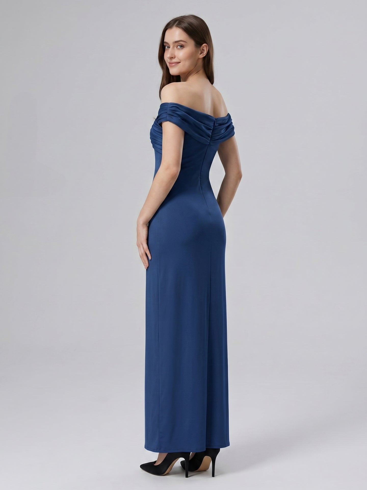 Navy Blue Matte Satin Column Off-the-Shoulder Floor-Length Bridesmaid Dress