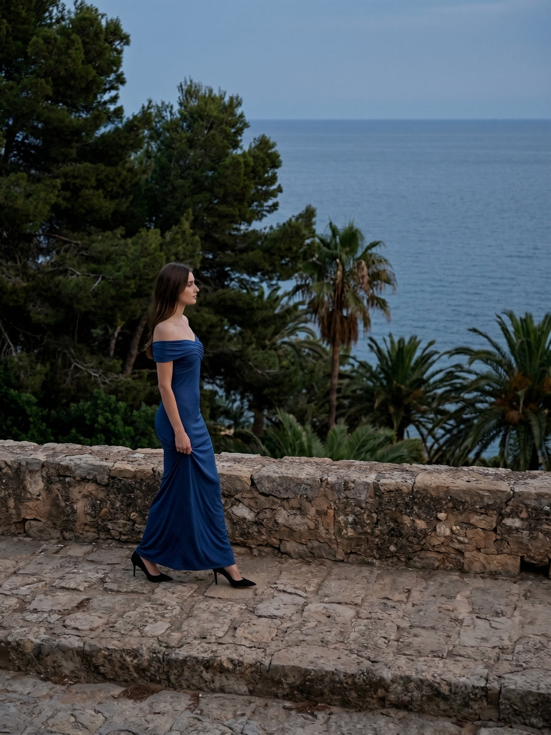 Navy Blue Matte Satin Column Off-the-Shoulder Floor-Length Bridesmaid Dress