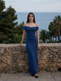 Navy Blue Matte Satin Column Off-the-Shoulder Floor-Length Bridesmaid Dress