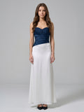 Navy Blue Matte Satin Column Straight Neck Back Zip Floor-Length Bridesmaid Dress
