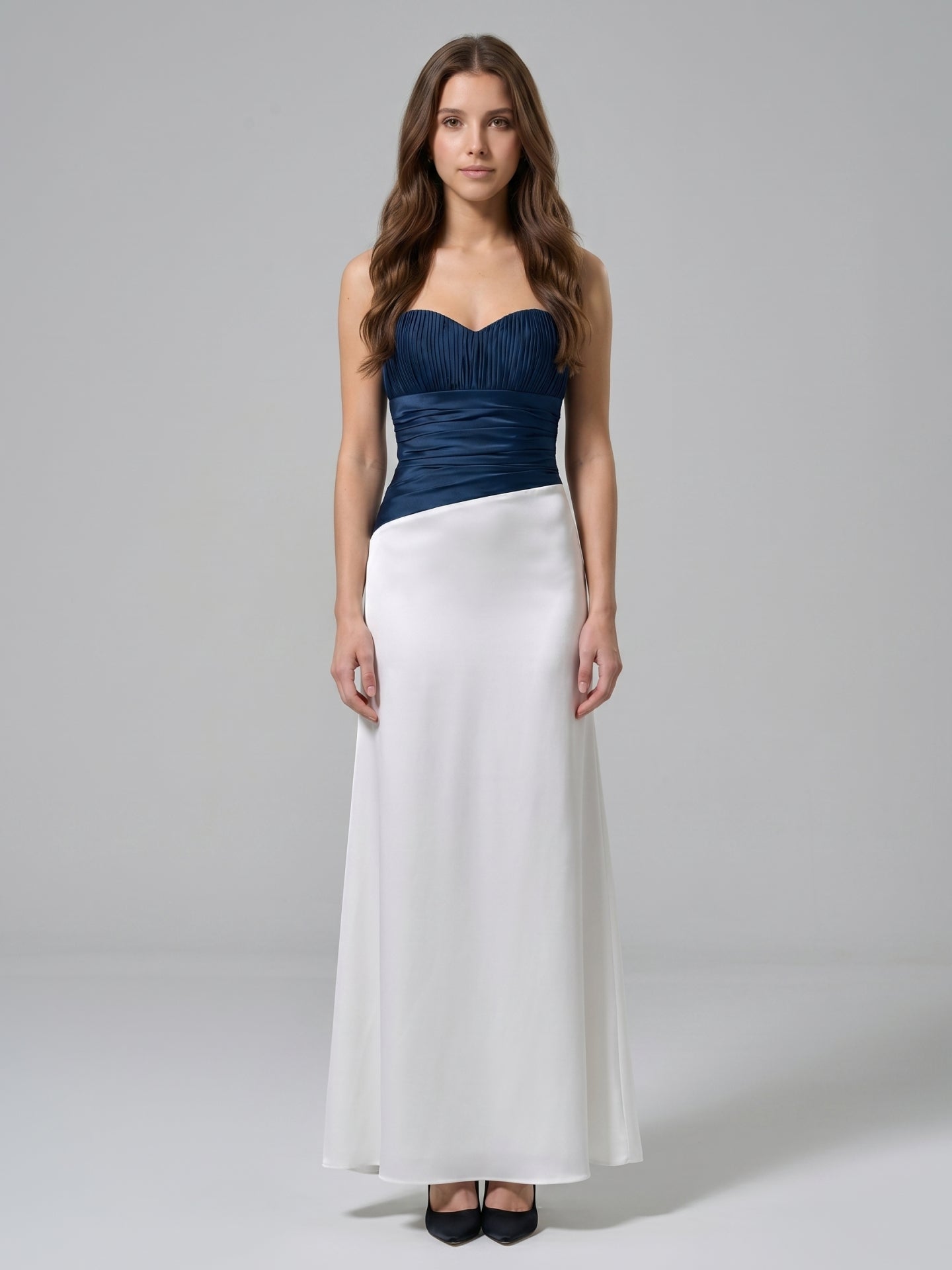 Navy Blue Matte Satin Column Straight Neck Back Zip Floor-Length Bridesmaid Dress