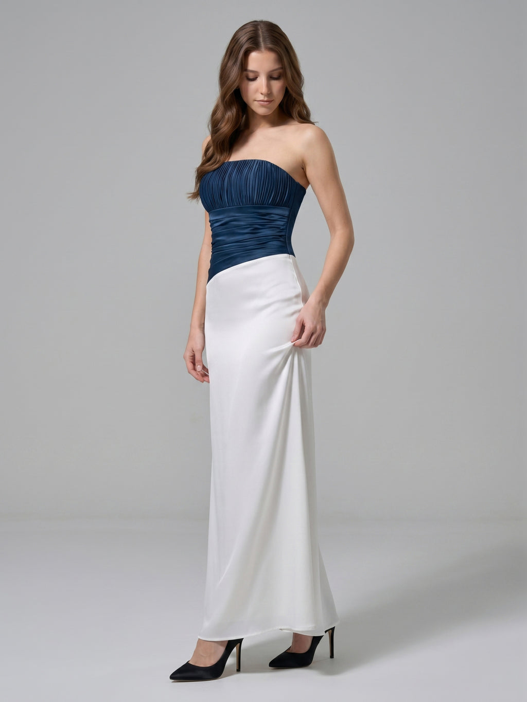 Navy Blue Matte Satin Column Straight Neck Back Zip Floor-Length Bridesmaid Dress
