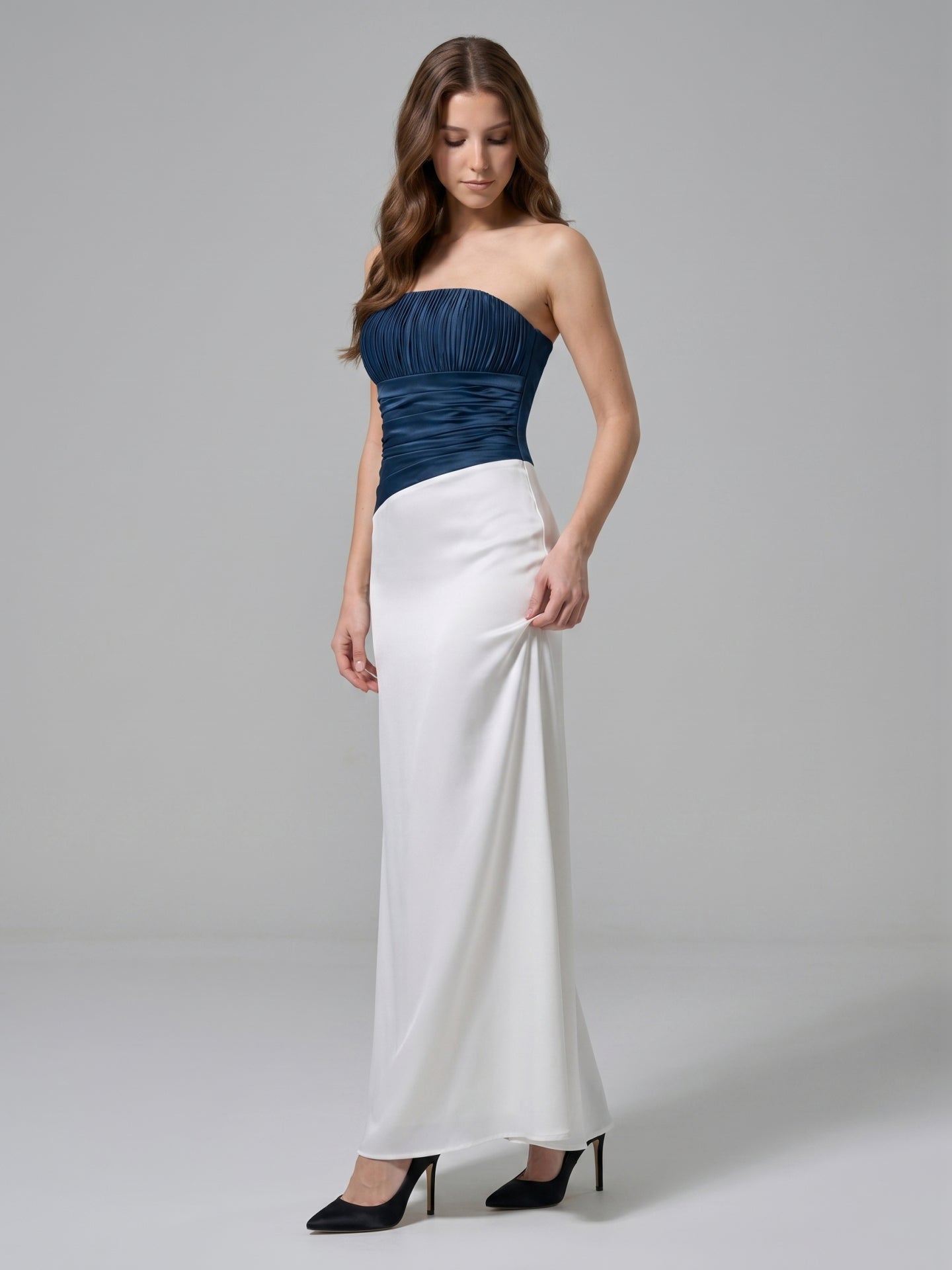 Navy Blue Matte Satin Column Straight Neck Back Zip Floor-Length Bridesmaid Dress