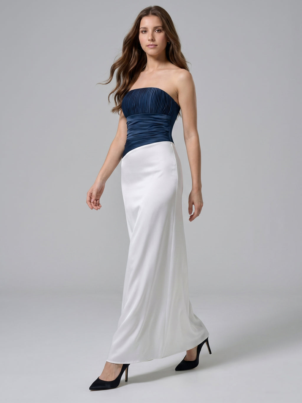 Navy Blue Matte Satin Column Straight Neck Back Zip Floor-Length Bridesmaid Dress