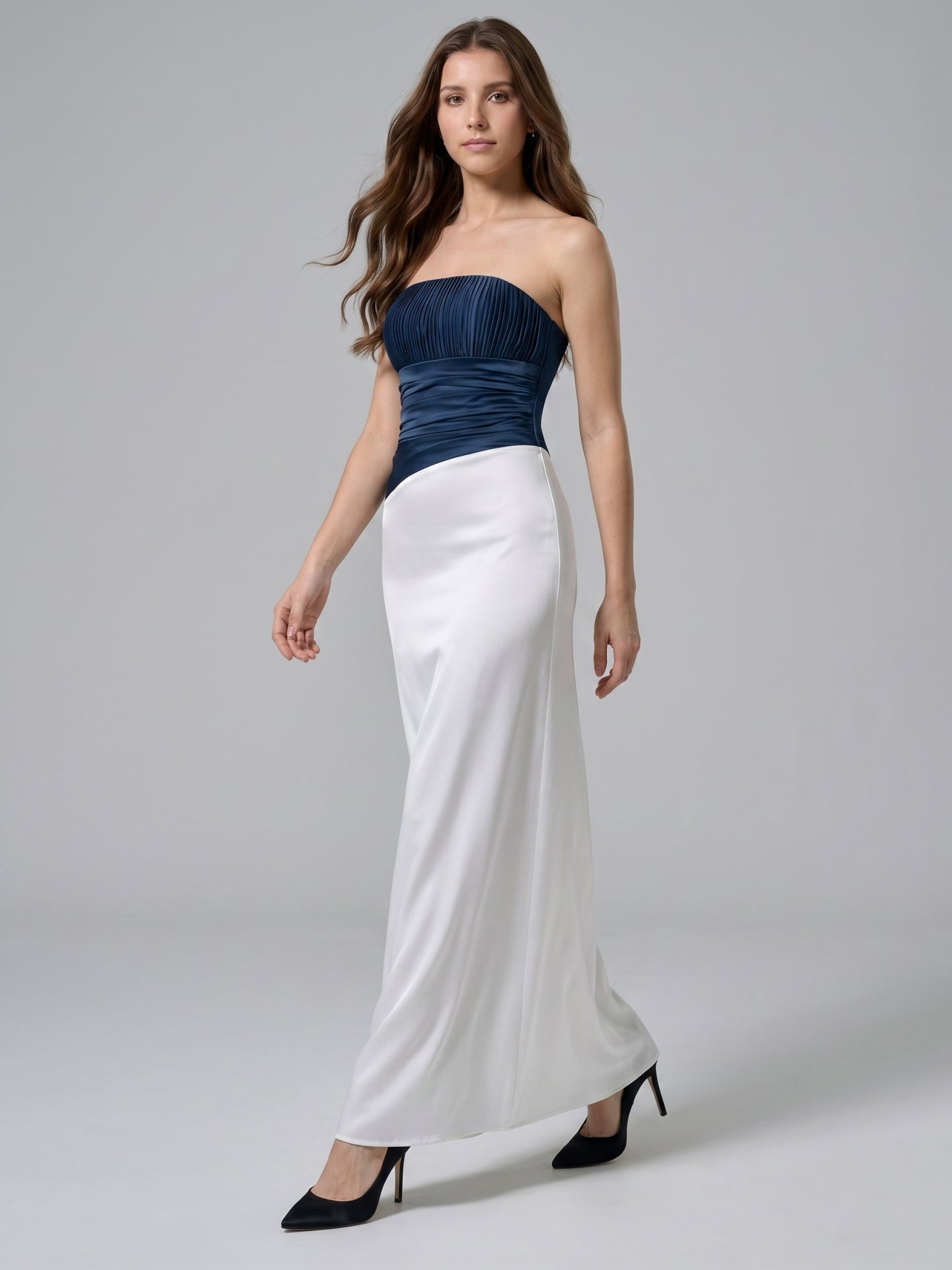 Navy Blue Matte Satin Column Straight Neck Back Zip Floor-Length Bridesmaid Dress