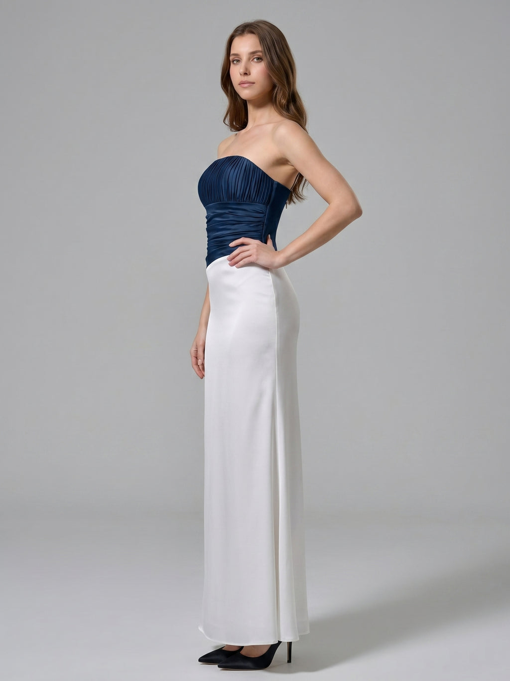Navy Blue Matte Satin Column Straight Neck Back Zip Floor-Length Bridesmaid Dress