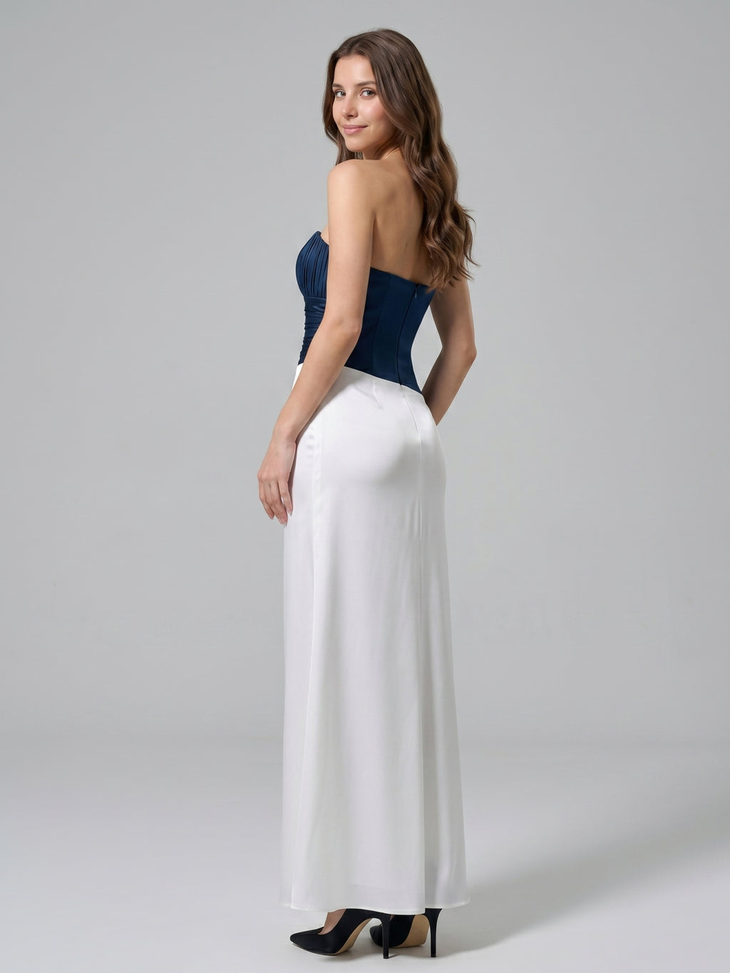Navy Blue Matte Satin Column Straight Neck Back Zip Floor-Length Bridesmaid Dress