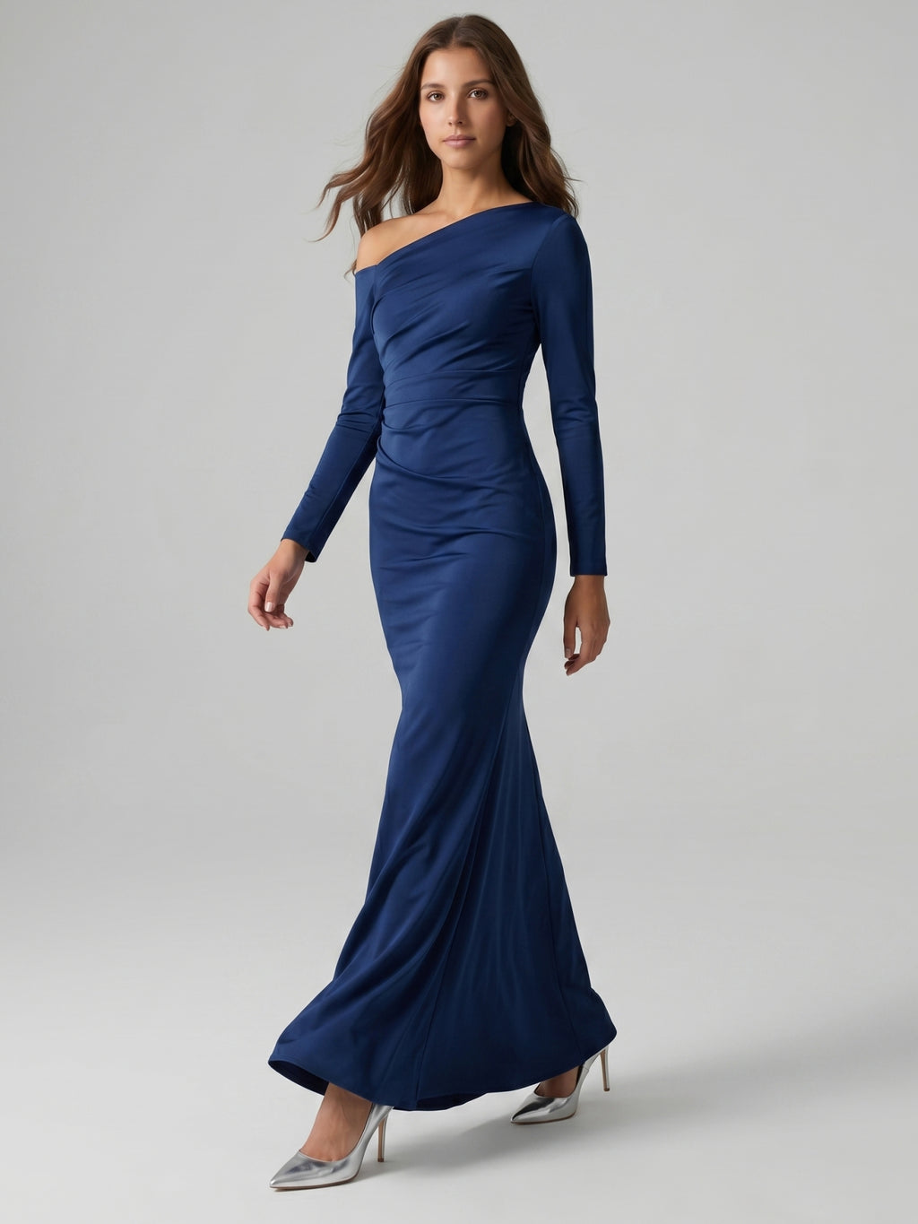 Navy Blue Matte Satin Mermaid One Shoulder Back Zip Floor-Length Bridesmaid Dress