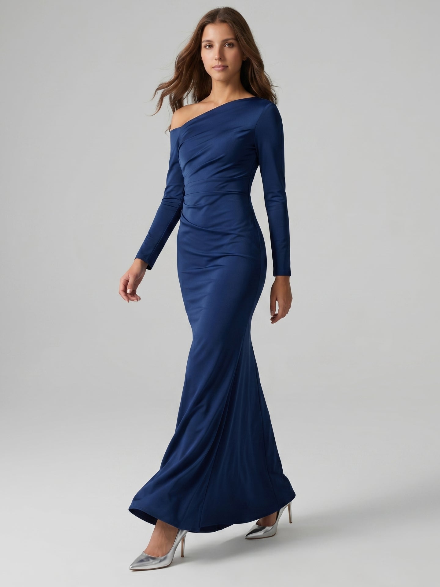 Navy Blue Matte Satin Mermaid One Shoulder Back Zip Floor-Length Bridesmaid Dress