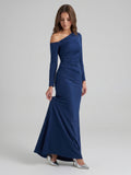 Navy Blue Matte Satin Mermaid One Shoulder Back Zip Floor-Length Bridesmaid Dress
