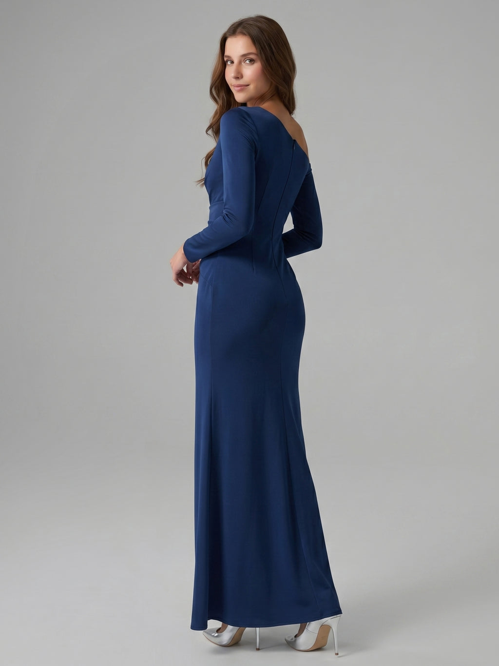 Navy Blue Matte Satin Mermaid One Shoulder Back Zip Floor-Length Bridesmaid Dress