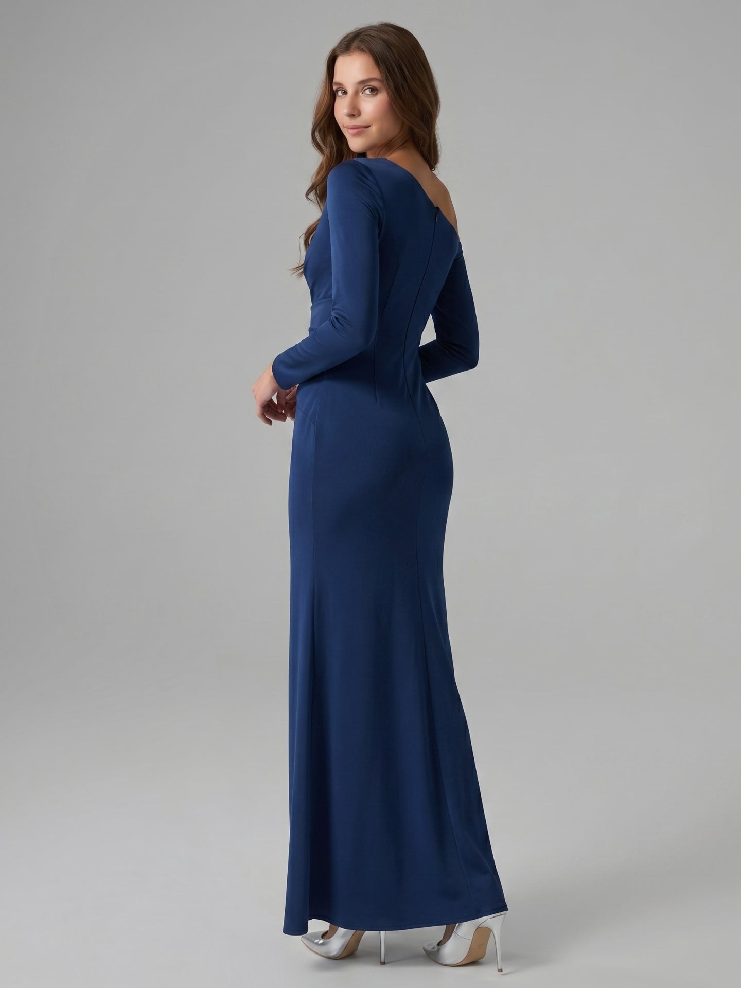 Navy Blue Matte Satin Mermaid One Shoulder Back Zip Floor-Length Bridesmaid Dress