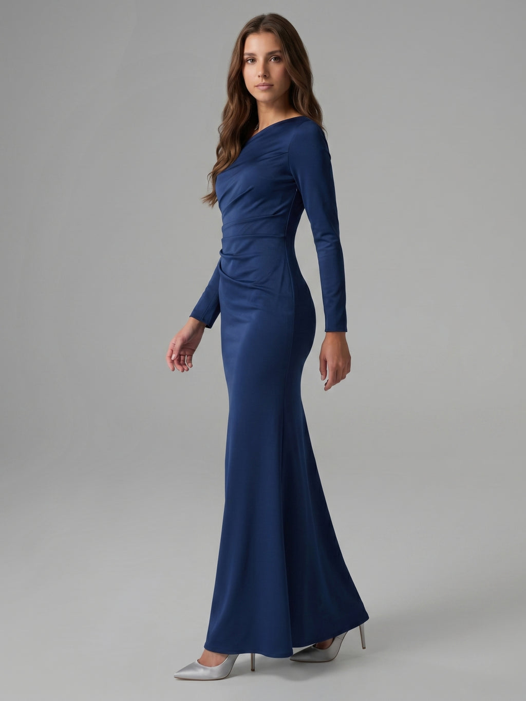Navy Blue Matte Satin Mermaid One Shoulder Back Zip Floor-Length Bridesmaid Dress