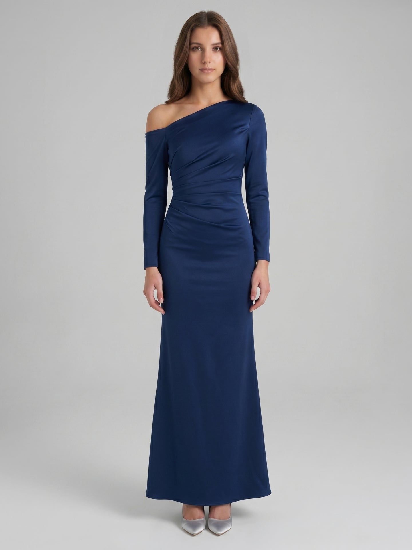 Navy Blue Matte Satin Mermaid One Shoulder Back Zip Floor-Length Bridesmaid Dress