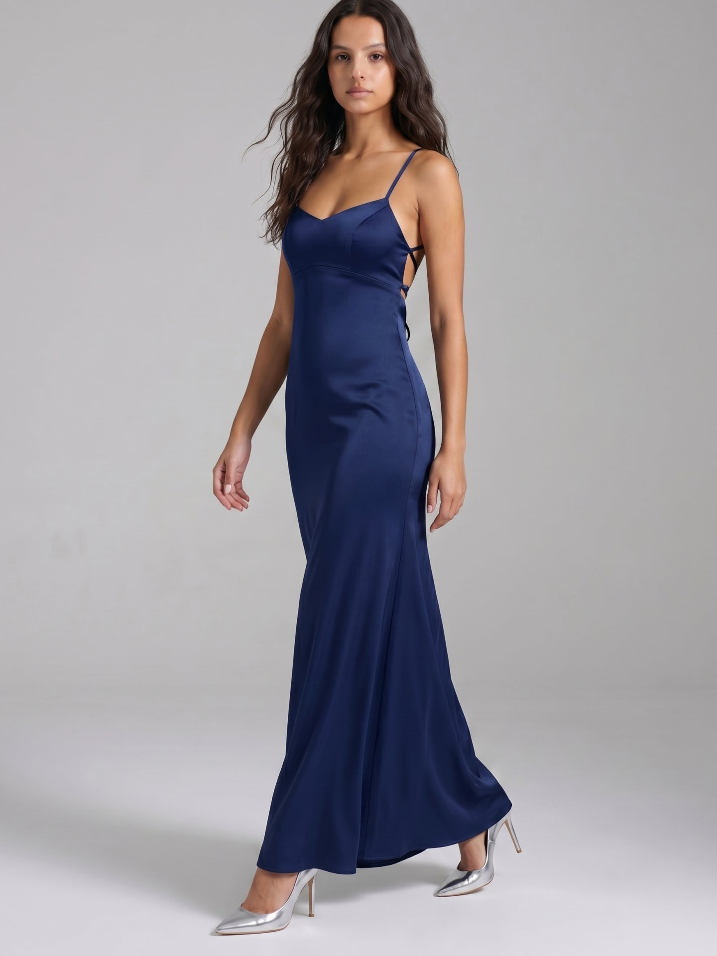 Navy Blue Matte Satin Mermaid V-Neck Backless Floor-Length Bridesmaid Dress