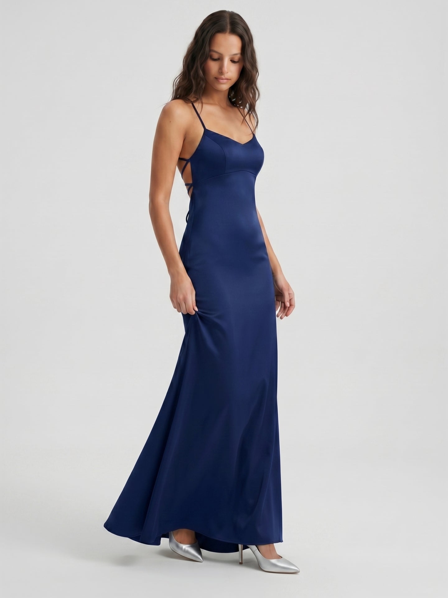 Navy Blue Matte Satin Mermaid V-Neck Backless Floor-Length Bridesmaid Dress