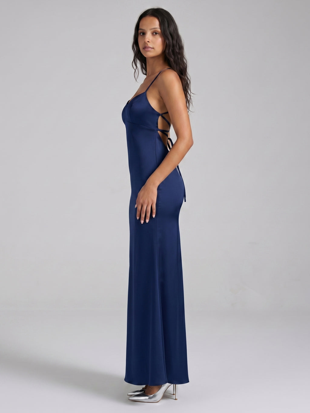 Navy Blue Matte Satin Mermaid V-Neck Backless Floor-Length Bridesmaid Dress