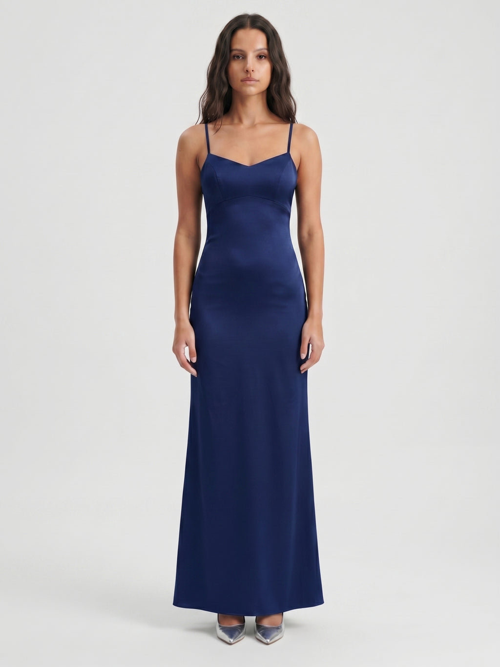 Navy Blue Matte Satin Mermaid V-Neck Backless Floor-Length Bridesmaid Dress