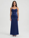 Navy Blue Matte Satin Mermaid V-Neck Backless Floor-Length Bridesmaid Dress