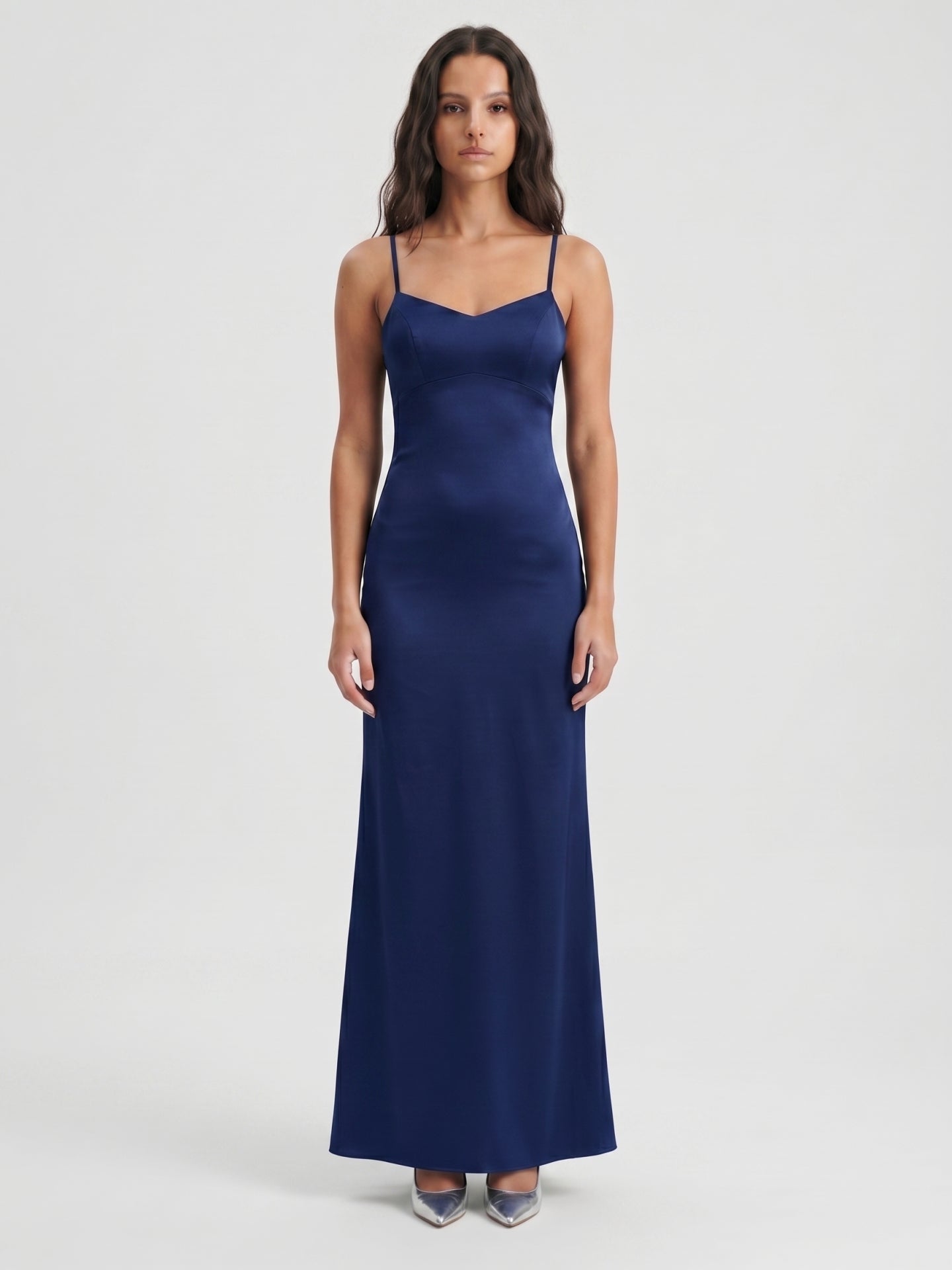 Navy Blue Matte Satin Mermaid V-Neck Backless Floor-Length Bridesmaid Dress