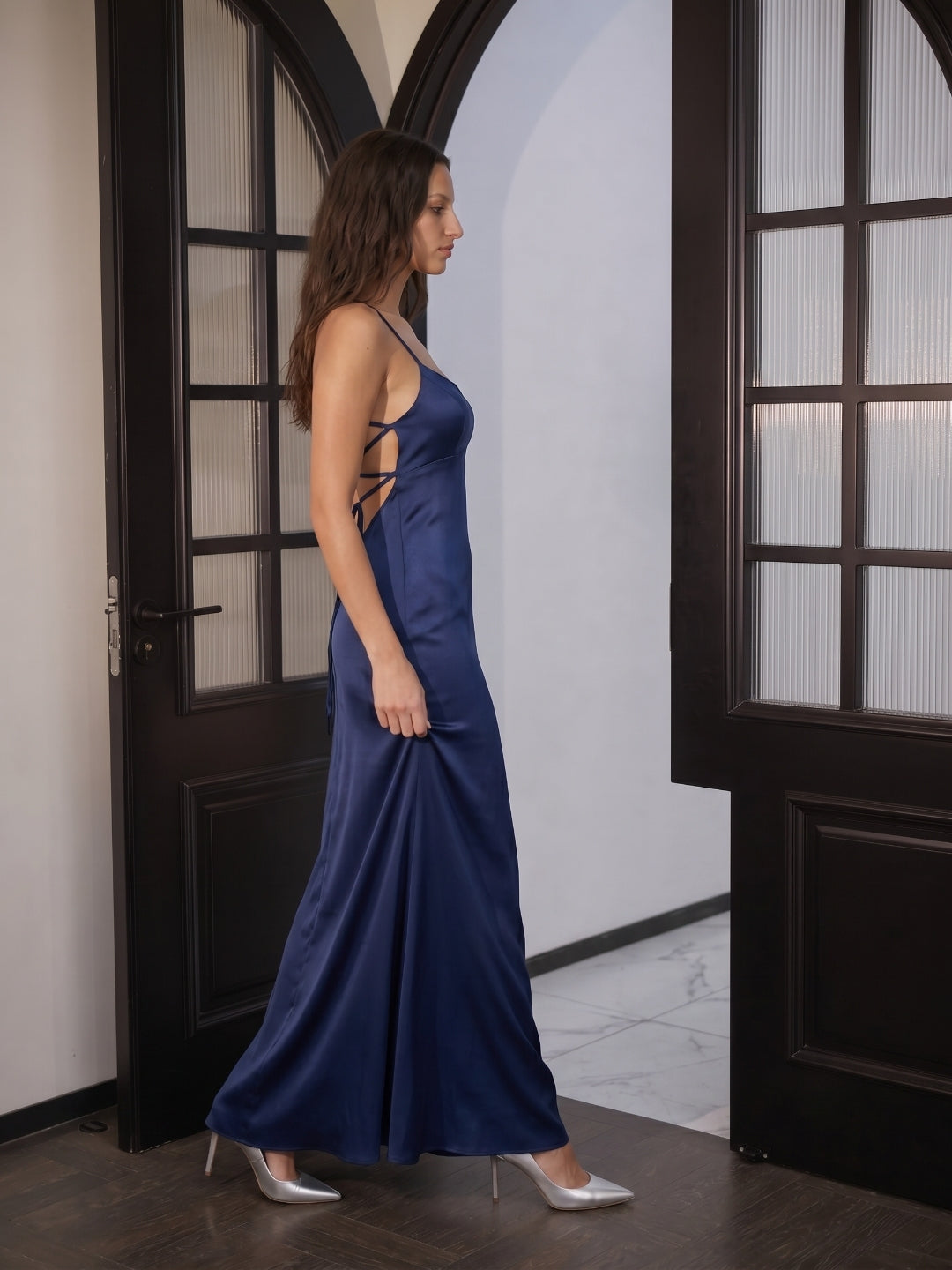 Navy Blue Matte Satin Mermaid V-Neck Backless Floor-Length Bridesmaid Dress