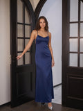 Navy Blue Matte Satin Mermaid V-Neck Backless Floor-Length Bridesmaid Dress