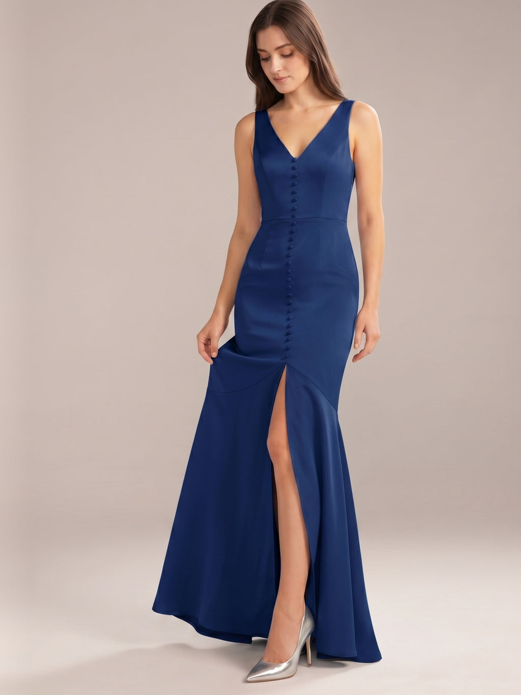 Navy Blue Matte Satin Mermaid V-Neck V-Back Floor-Length Bridesmaid Dress