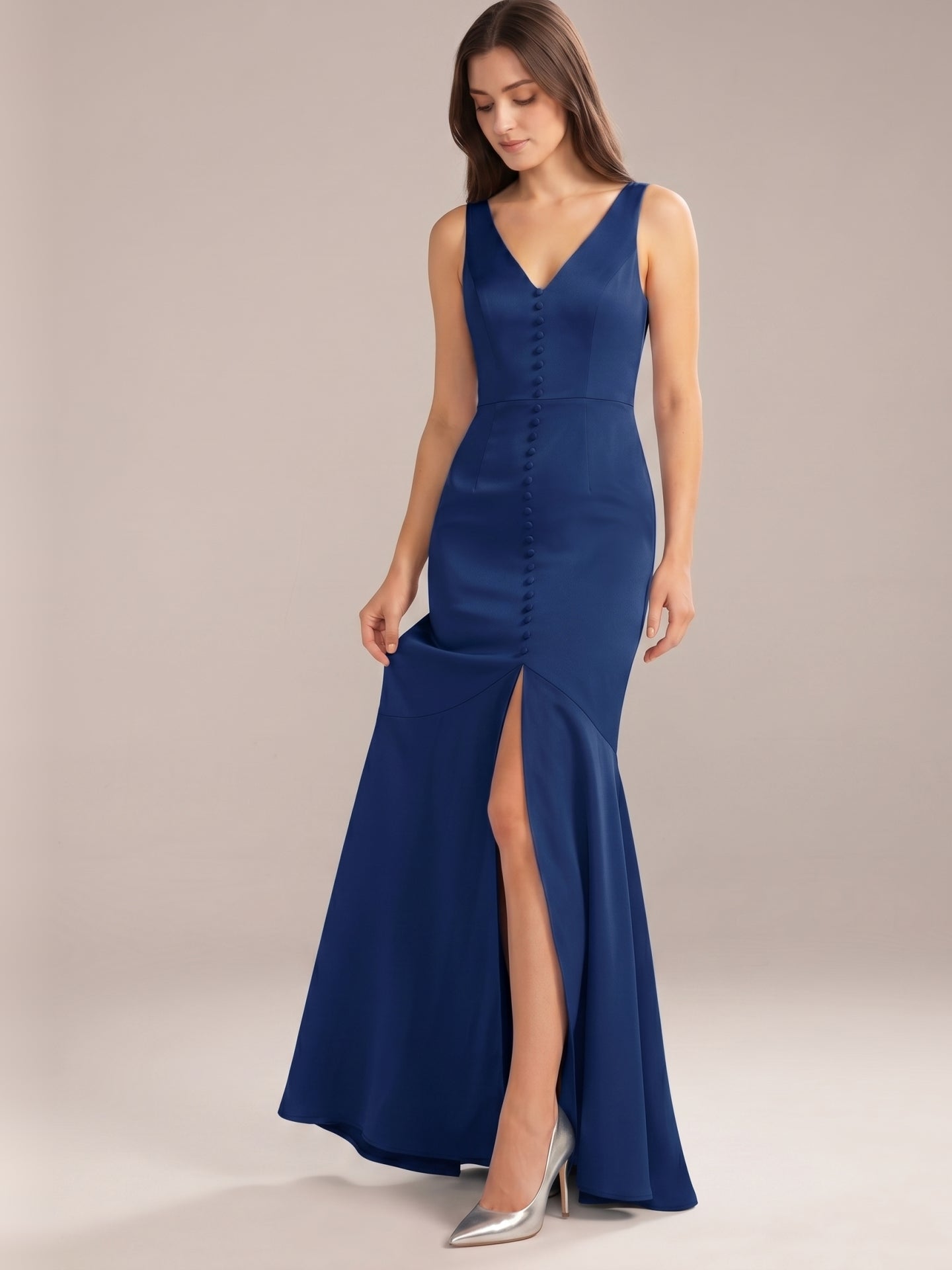 Navy Blue Matte Satin Mermaid V-Neck V-Back Floor-Length Bridesmaid Dress