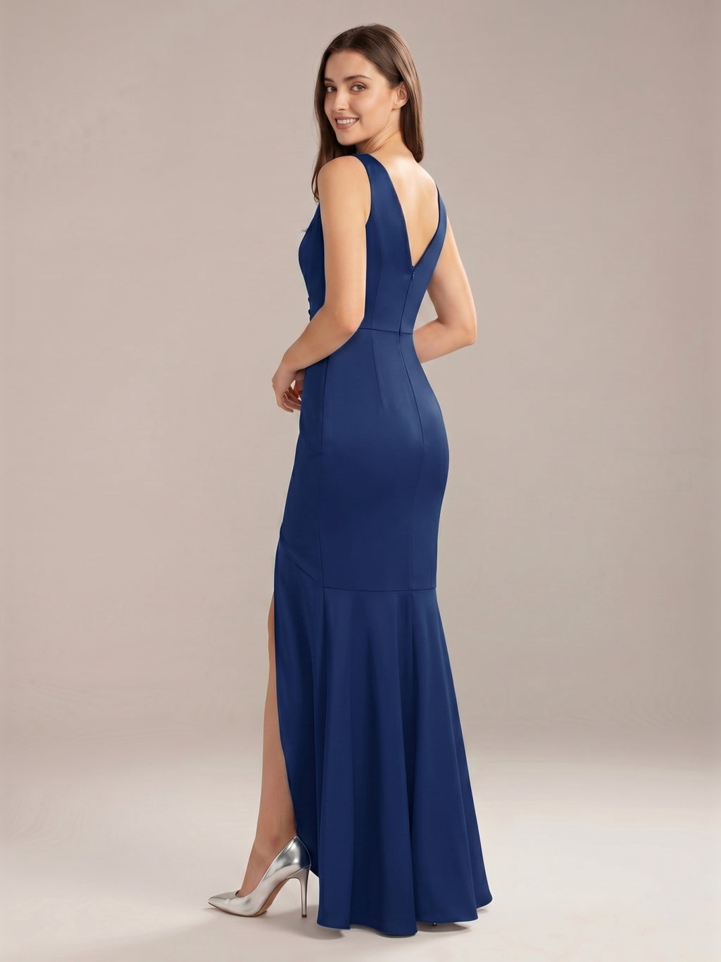 Navy Blue Matte Satin Mermaid V-Neck V-Back Floor-Length Bridesmaid Dress