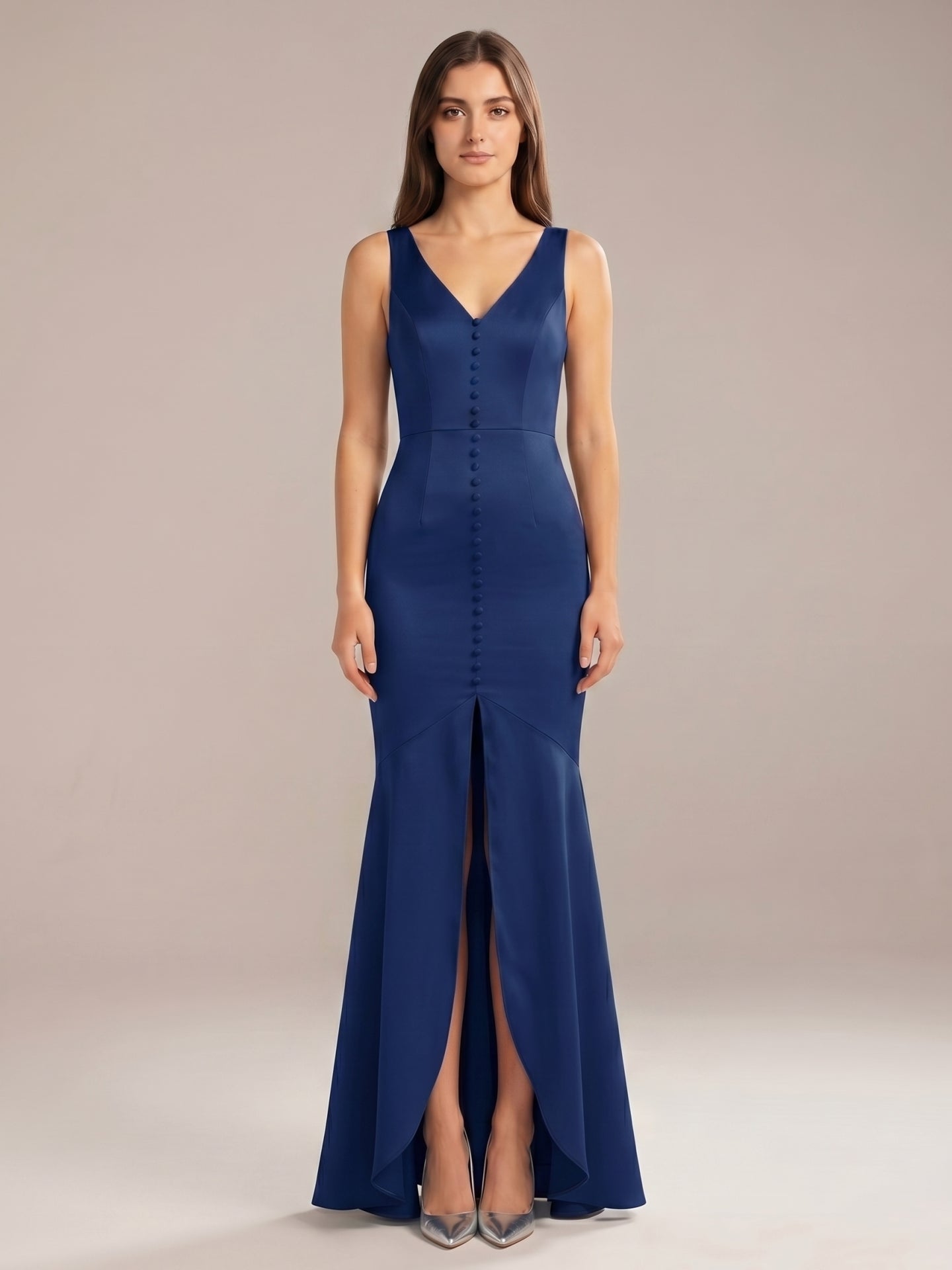 Navy Blue Matte Satin Mermaid V-Neck V-Back Floor-Length Bridesmaid Dress
