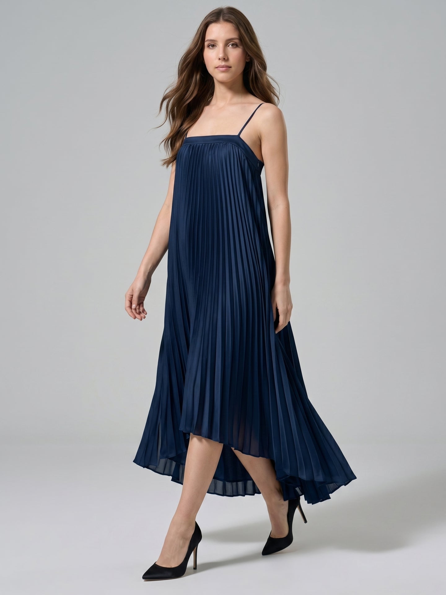 Navy Blue Matte Satin Sheath Straight Neck Back Zip Asymmetrical Bridesmaid Dress with Pleating