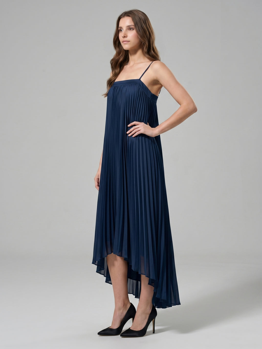 Navy Blue Matte Satin Sheath Straight Neck Back Zip Asymmetrical Bridesmaid Dress with Pleating
