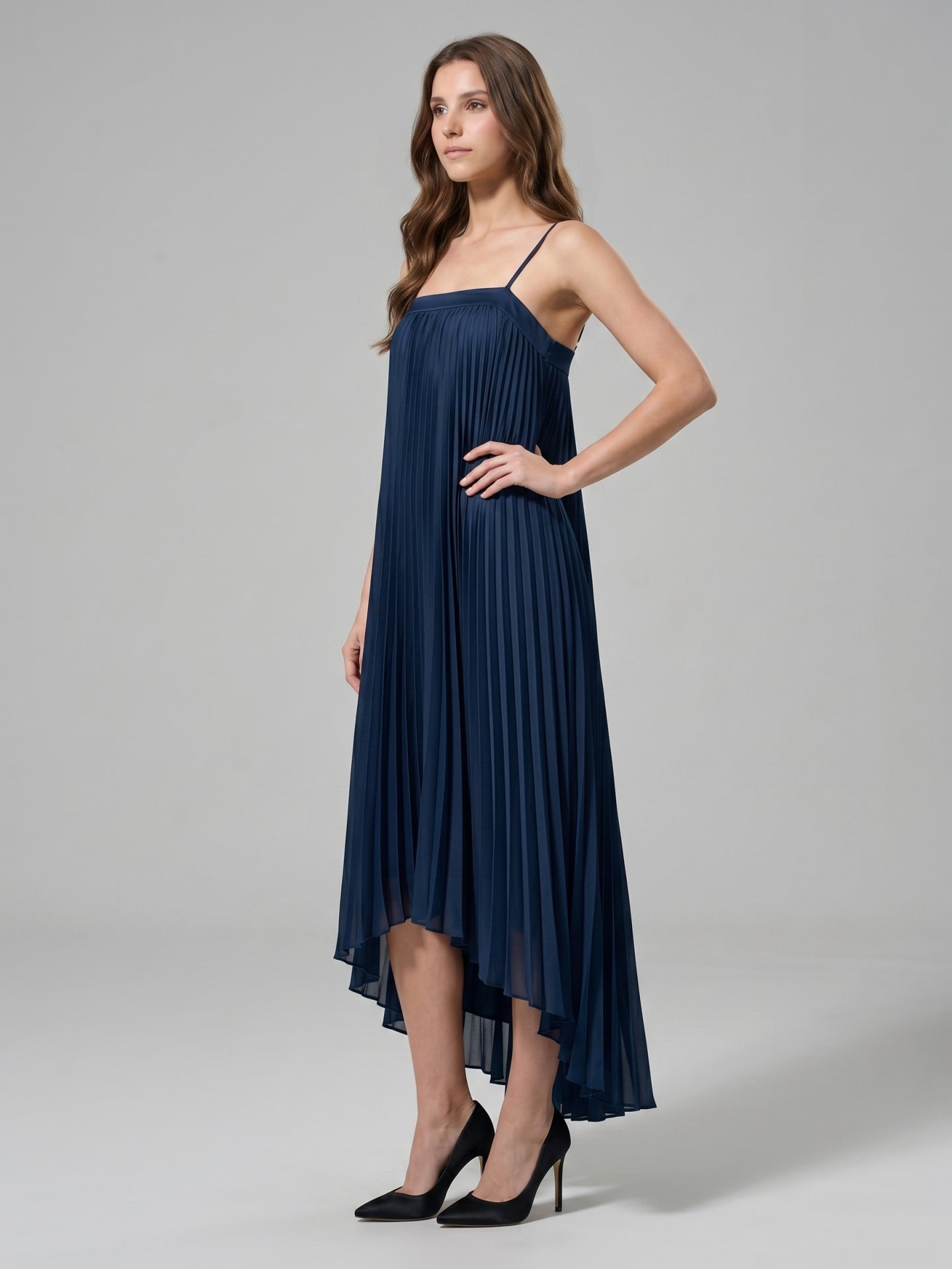 Navy Blue Matte Satin Sheath Straight Neck Back Zip Asymmetrical Bridesmaid Dress with Pleating