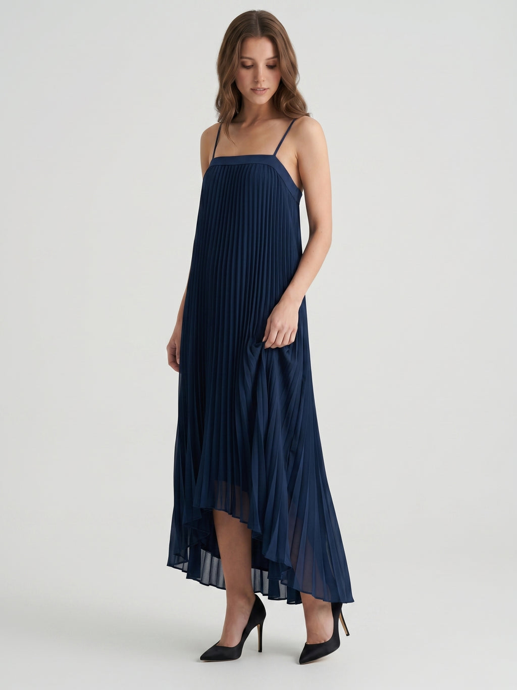 Navy Blue Matte Satin Sheath Straight Neck Back Zip Asymmetrical Bridesmaid Dress with Pleating