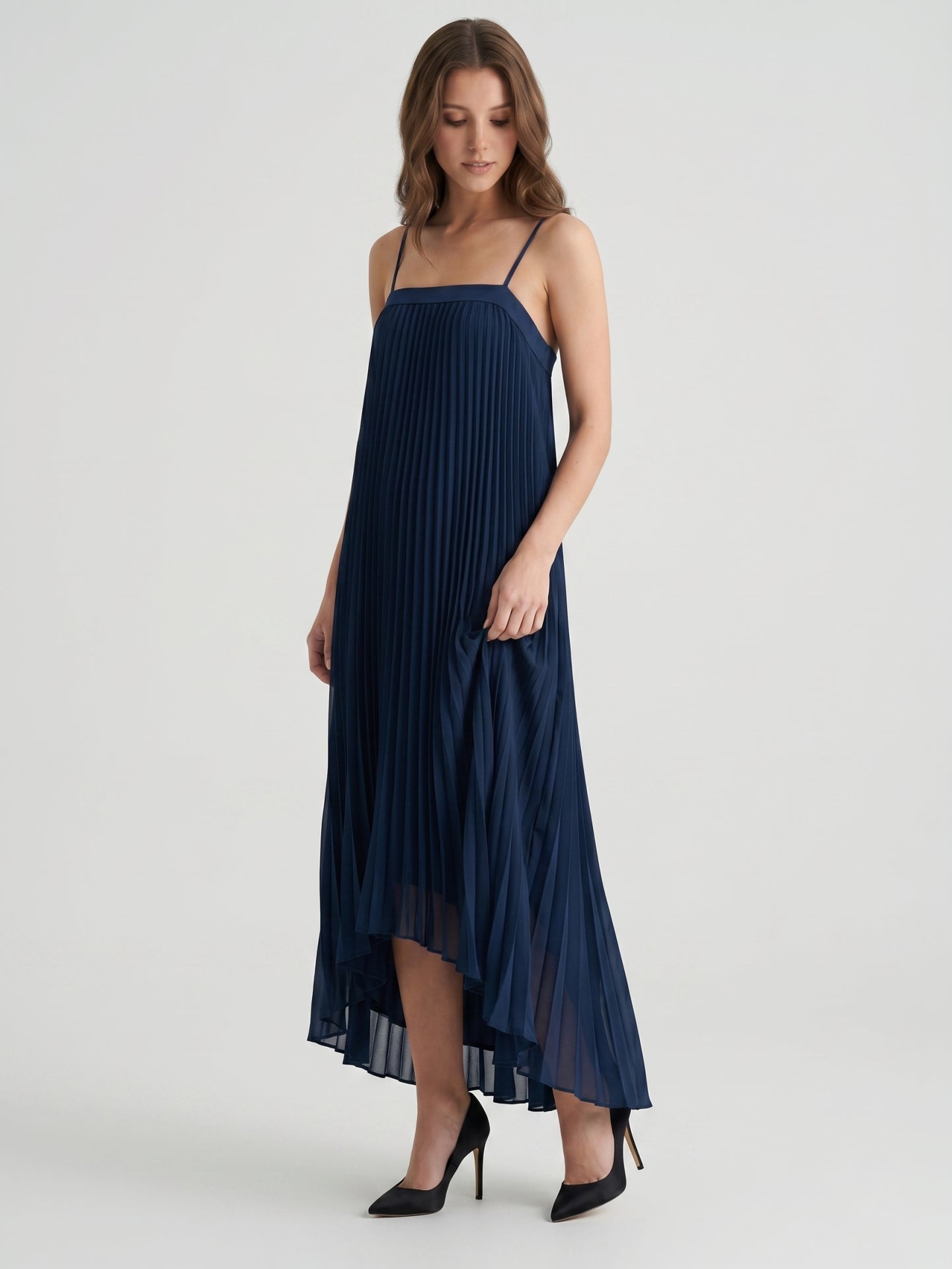 Navy Blue Matte Satin Sheath Straight Neck Back Zip Asymmetrical Bridesmaid Dress with Pleating