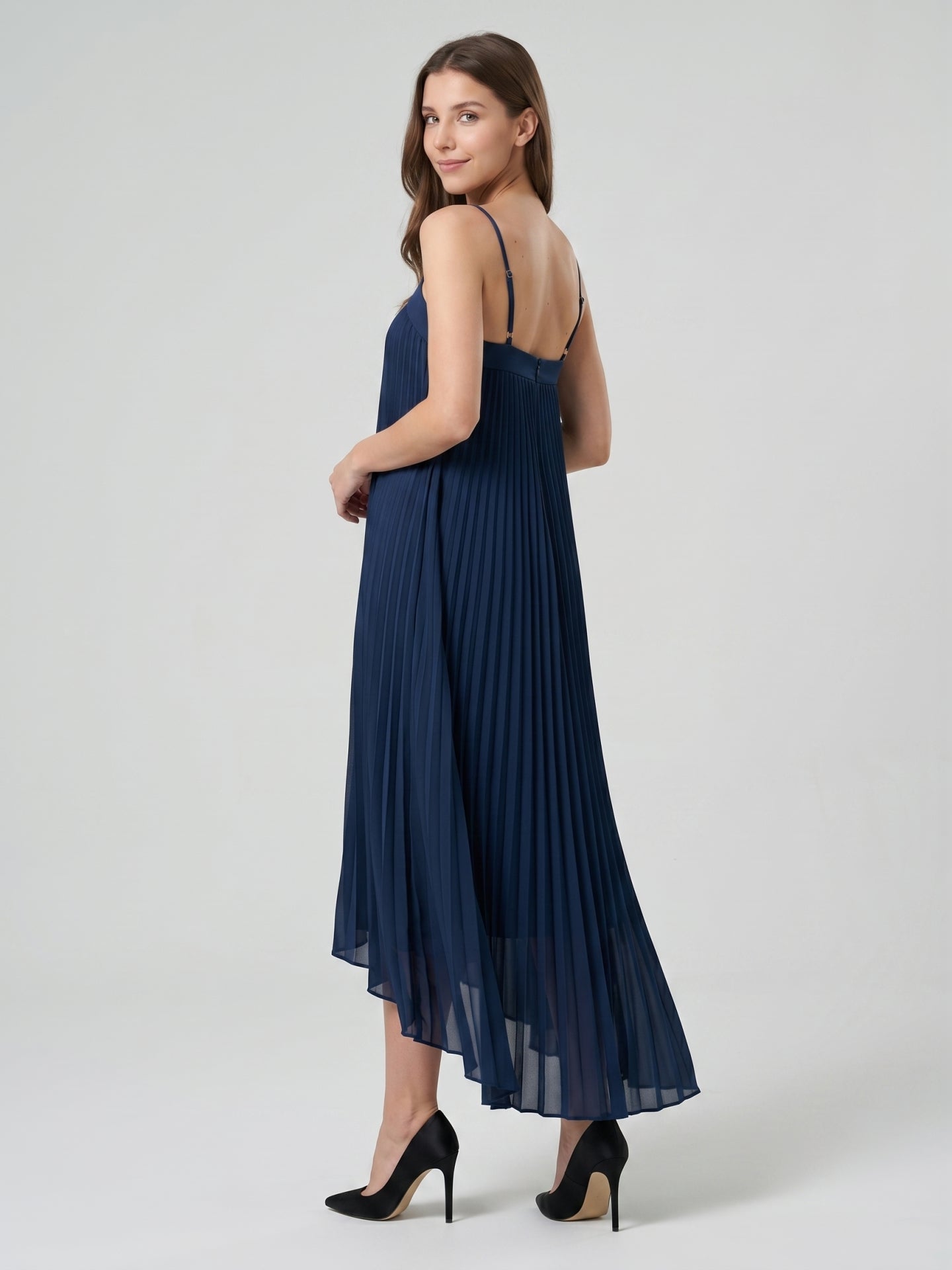 Navy Blue Matte Satin Sheath Straight Neck Back Zip Asymmetrical Bridesmaid Dress with Pleating