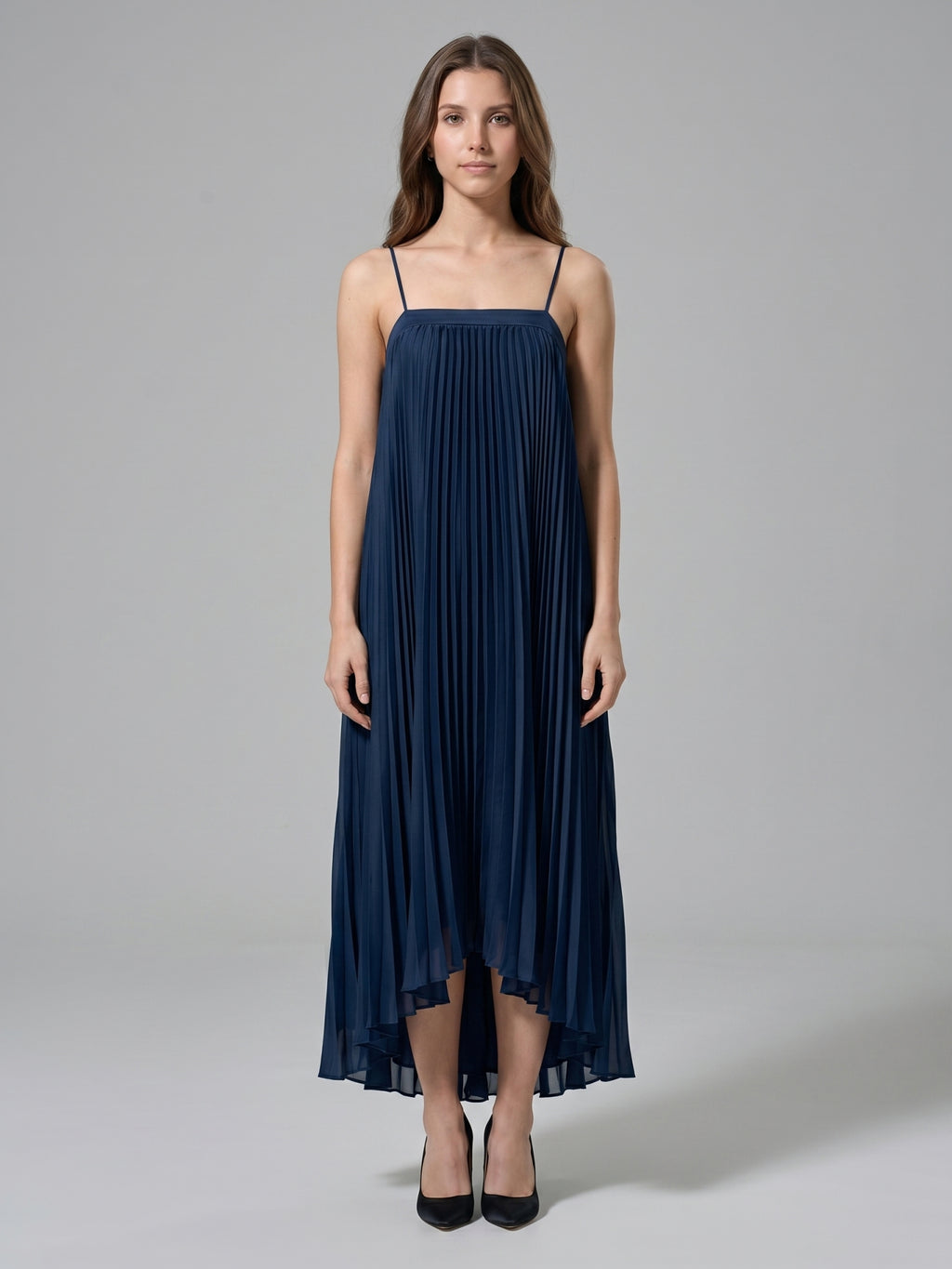Navy Blue Matte Satin Sheath Straight Neck Back Zip Asymmetrical Bridesmaid Dress with Pleating