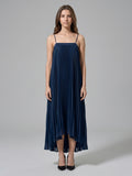 Navy Blue Tulle Sheath Straight Neck Back Zip Asymmetrical Bridesmaid Dress with Pleating
