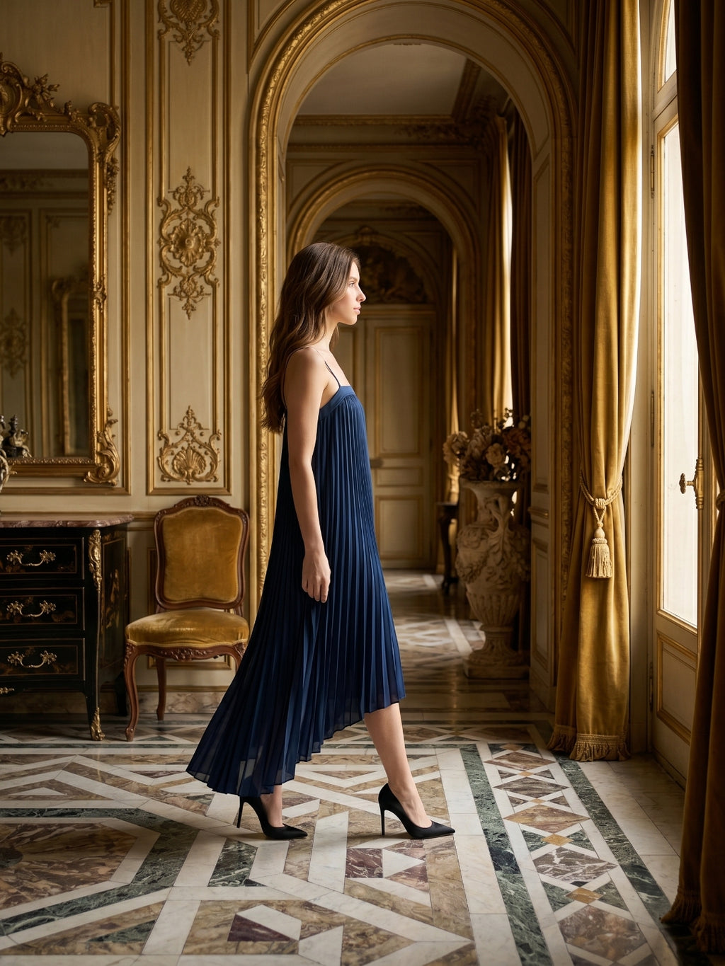 Navy Blue Matte Satin Sheath Straight Neck Back Zip Asymmetrical Bridesmaid Dress with Pleating