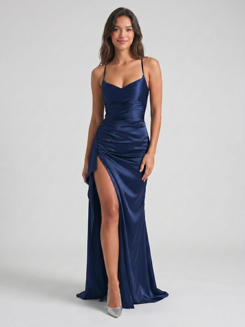 Navy Blue Matte Satin Sheath V-Neck Criss-Cross Straps Floor-Length Formal Dress with Pleating