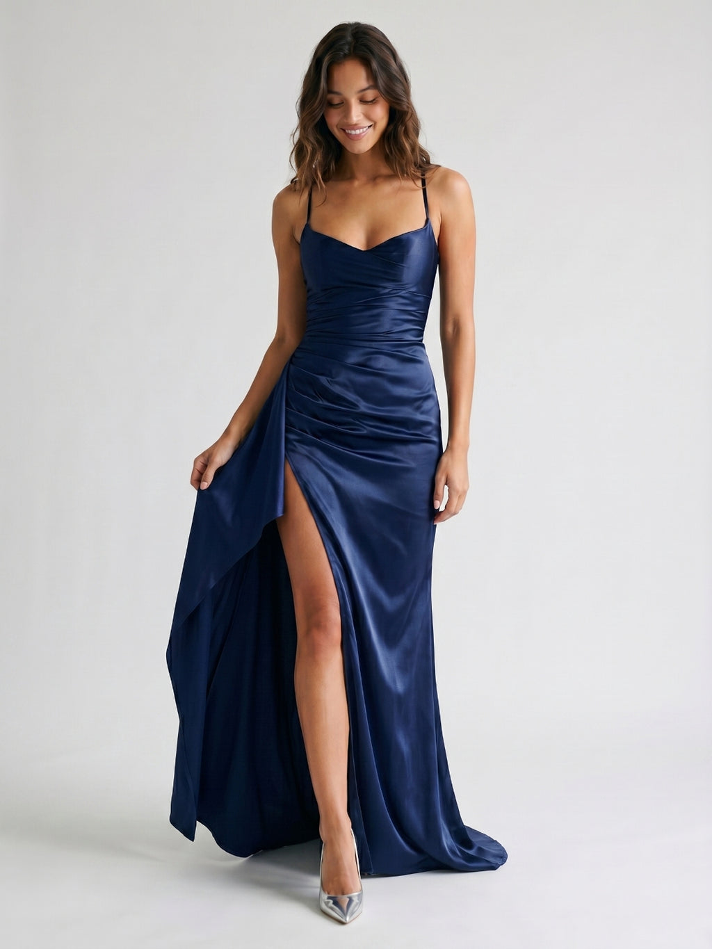 Navy Blue Matte Satin Sheath V-Neck Criss-Cross Straps Floor-Length Formal Dress with Pleating