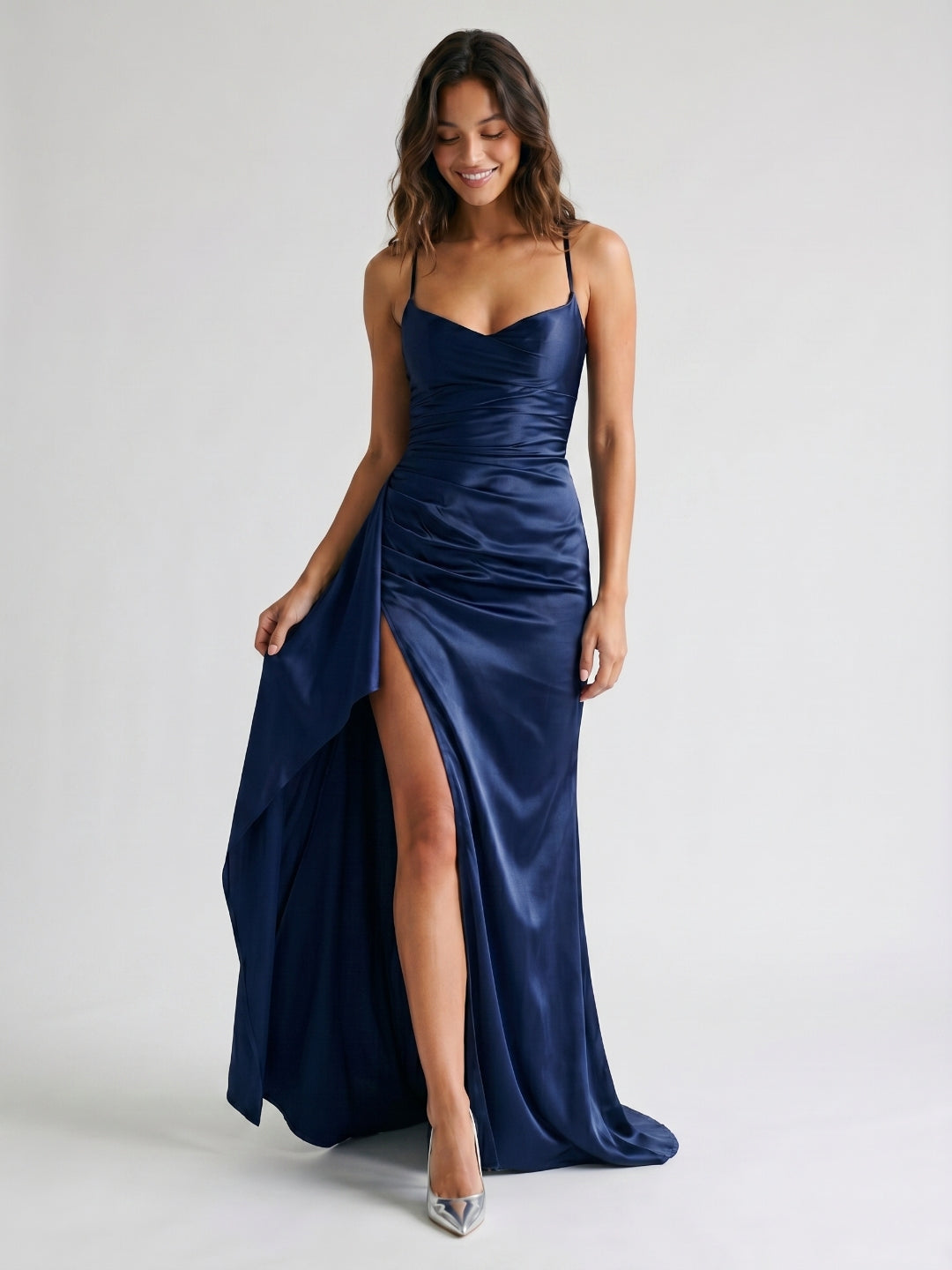 Navy Blue Matte Satin Sheath V-Neck Criss-Cross Straps Floor-Length Formal Dress with Pleating