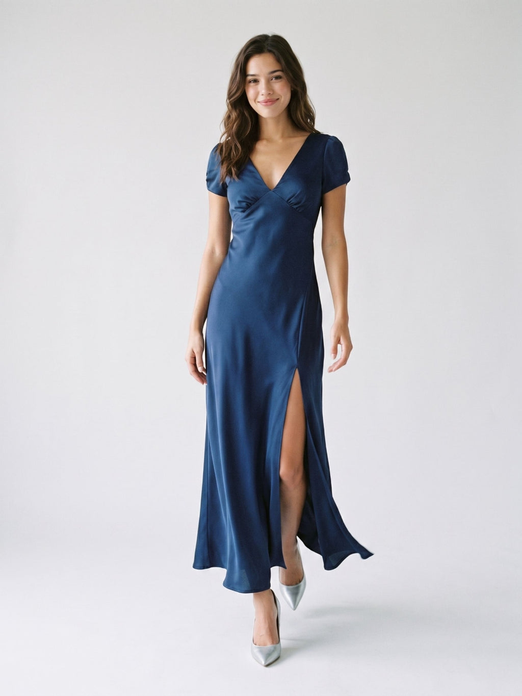 Navy Blue Matte Satin Sheath V-Neck V-Back Ankle-Length Formal Dress with Pleating