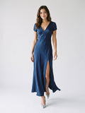 Navy Blue Matte Satin Sheath V-Neck V-Back Ankle-Length Formal Dress with Pleating