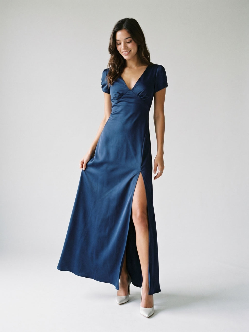 Navy Blue Matte Satin Sheath V-Neck V-Back Ankle-Length Formal Dress with Pleating