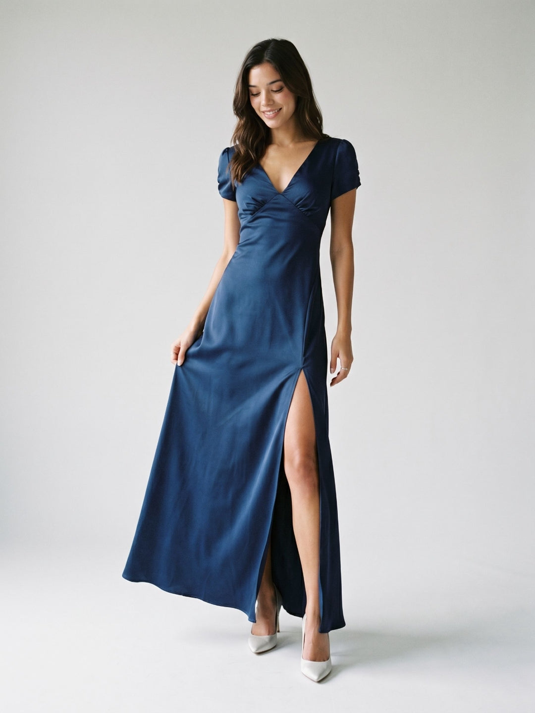 Navy Blue Matte Satin Sheath V-Neck V-Back Ankle-Length Formal Dress with Pleating