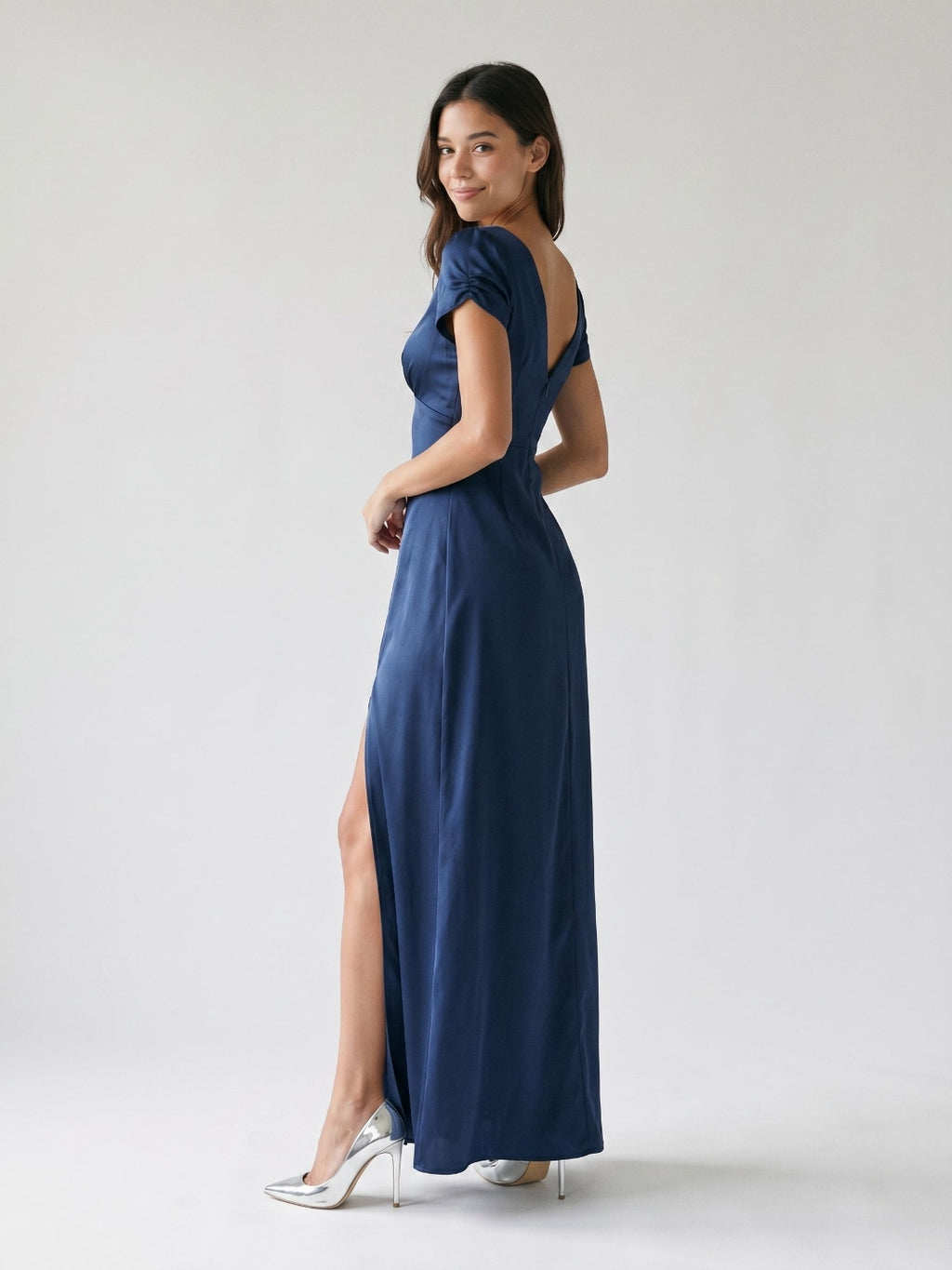 Navy Blue Matte Satin Sheath V-Neck V-Back Ankle-Length Formal Dress with Pleating