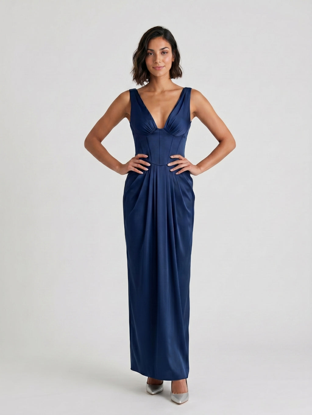 Navy Blue Matte Satin Sheath V-Neck V-Back Floor-Length Formal Dress with Pleating