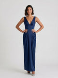 Navy Blue Matte Satin Sheath V-Neck V-Back Floor-Length Formal Dress with Pleating