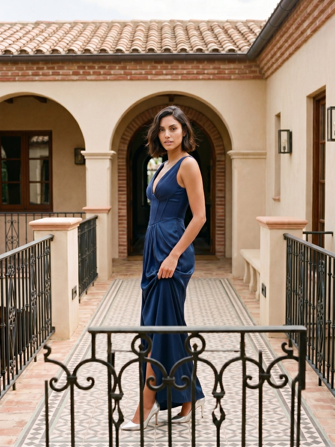 Navy Blue Matte Satin Sheath V-Neck V-Back Floor-Length Formal Dress with Pleating